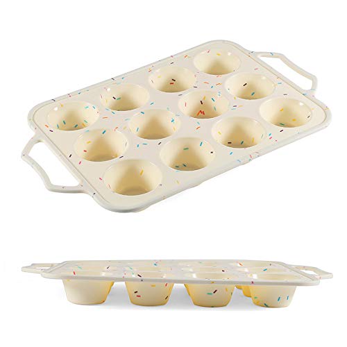 Antetek A-XINTONG Non-Stick Silicone Paper Cupcake Baking Tray with Ergonomic Grips, 12 Cups Stainless Steel Core Muffin Pan, Muffin Cake Mold