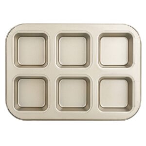 beasea brownie pan, 1 pack 6 cavity gold nonstick square mini brownie muffin cake pan cheesecake cupcake bakeware carbon steel brownie baking tray 2x3 individual cutter bakeware for oven baking