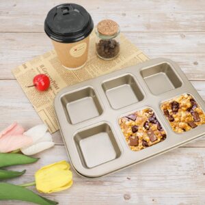 Beasea Brownie Pan, 1 Pack 6 Cavity Gold Nonstick Square Mini Brownie Muffin Cake Pan Cheesecake Cupcake Bakeware Carbon Steel Brownie Baking Tray 2x3 Individual Cutter Bakeware for Oven Baking