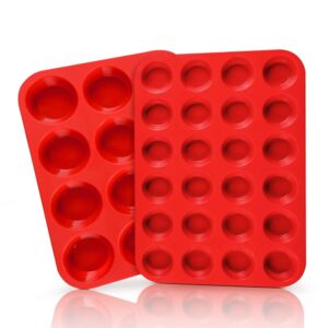 sj european lfgb silicone muffin pan baking trays, 2-pack, 12-cup & 24-cup cupcake pans silicone baking molds, red, non-stick & bpa free