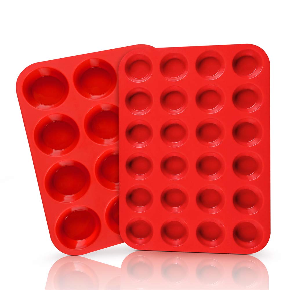 SJ European LFGB Silicone Muffin Pan Baking Trays, 2-Pack, 12-Cup & 24-Cup Cupcake Pans Silicone Baking Molds, Red, Non-Stick & BPA Free