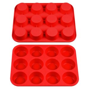 SJ European LFGB Silicone Muffin Pan Baking Trays, 2-Pack, 12-Cup & 24-Cup Cupcake Pans Silicone Baking Molds, Red, Non-Stick & BPA Free