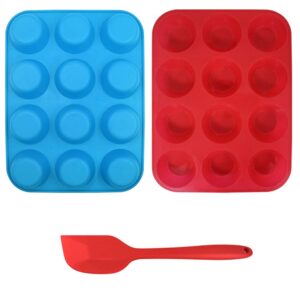 SourceTon 12-Cup Silicone Muffin Mold Bonus with Spatula, 3 pcs pack of Muffin Mold and Spatula Set, Cupcake Pans, Dishwasher, Oven, Microwave Oven. Blue + Red