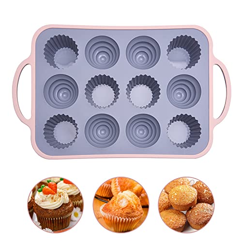 IKOJING Muffin Pan Silicone Baking Pan, Muffin Tin, 12-Cavity Cupcake Chocolate Silicone Mold, Non-Stick Baking Cup, BPA Free, Dishwasher Safe, 201 Stainless Steel Inside, No Deformation (Pink)