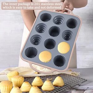 IKOJING Muffin Pan Silicone Baking Pan, Muffin Tin, 12-Cavity Cupcake Chocolate Silicone Mold, Non-Stick Baking Cup, BPA Free, Dishwasher Safe, 201 Stainless Steel Inside, No Deformation (Pink)