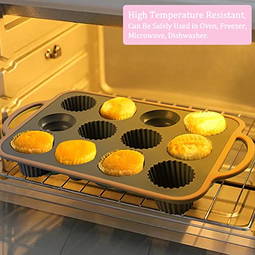 IKOJING Muffin Pan Silicone Baking Pan, Muffin Tin, 12-Cavity Cupcake Chocolate Silicone Mold, Non-Stick Baking Cup, BPA Free, Dishwasher Safe, 201 Stainless Steel Inside, No Deformation (Pink)