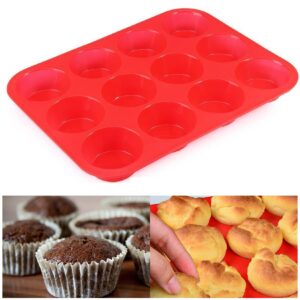 mekbok silicone non-stick pan 12 cups muffin pan/cake pan/cake pan bpa-easy to clean dishwasher and microwave safe, bakeware-red (1pcs)