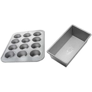 usa pan bakeware muffin pan, 12-well, aluminized steel & nonstick standard bread loaf pan, 1 pound, aluminized steel