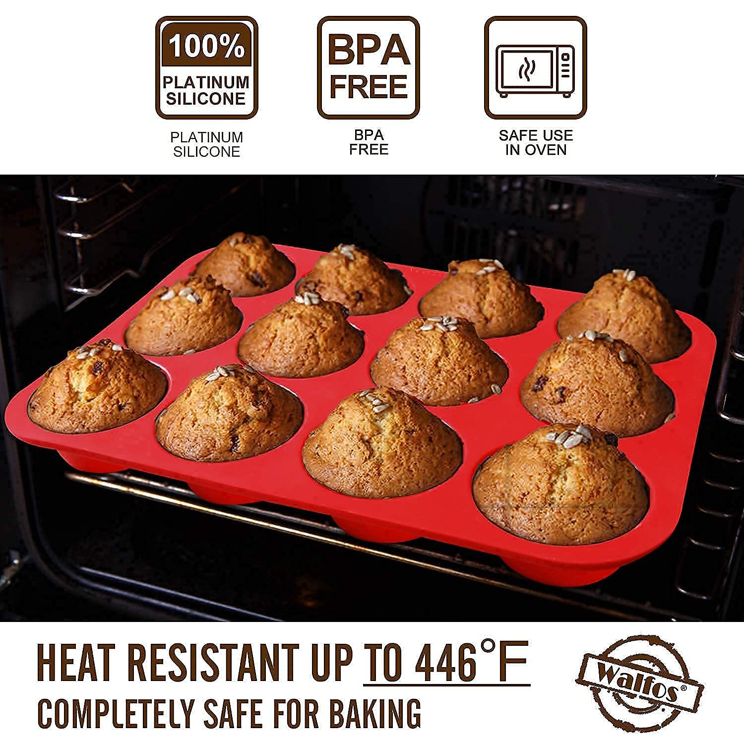 Walfos 2 Piece Silicone Loaf Pan Set and 2 Piece Silicone 12 Cups Regular Muffin Pan Set - Non-Stick Silicone, Just PoP Out ! Food Grade and BPA Free !