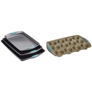 rachael ray bakeware nonstick cookie pan set, 3-piece, gray with agave blue grips & ray cucina nonstick 12-cup muffin tin with grips/nonstick 12-cup cupcake tin with grips - 12 cup, brown