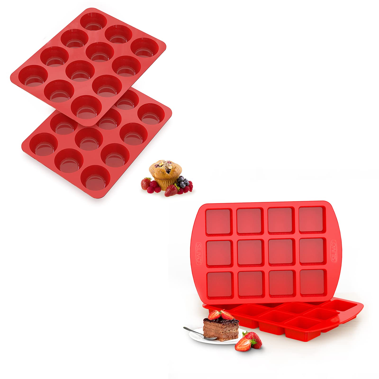 SILIVO 2x Silicone Muffin Pans + 2x Silicone Brownie Pans