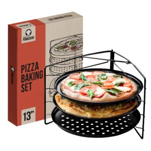 chef pomodoro pizza baking set with 3 pizza pans & pizza rack, 13-inch, non-stick pizza stand & pizza tray for oven, grill, pizza pan with holes, perforated pizza pan for oven, barbeque