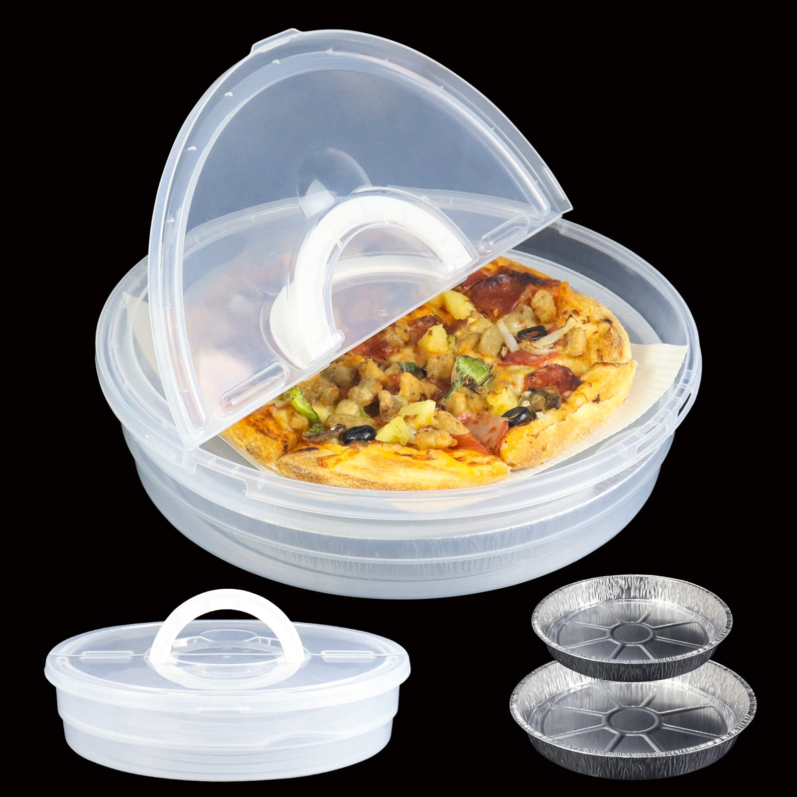 ERTIUANIO 2 Pack 12 In Pizza Food Storage Container with Lid and Handle, 2 Compartments Pizza Slice Storage Container with Foil Pie Pan, Round Pie container for Cake Cheesecake Tortilla Pastry