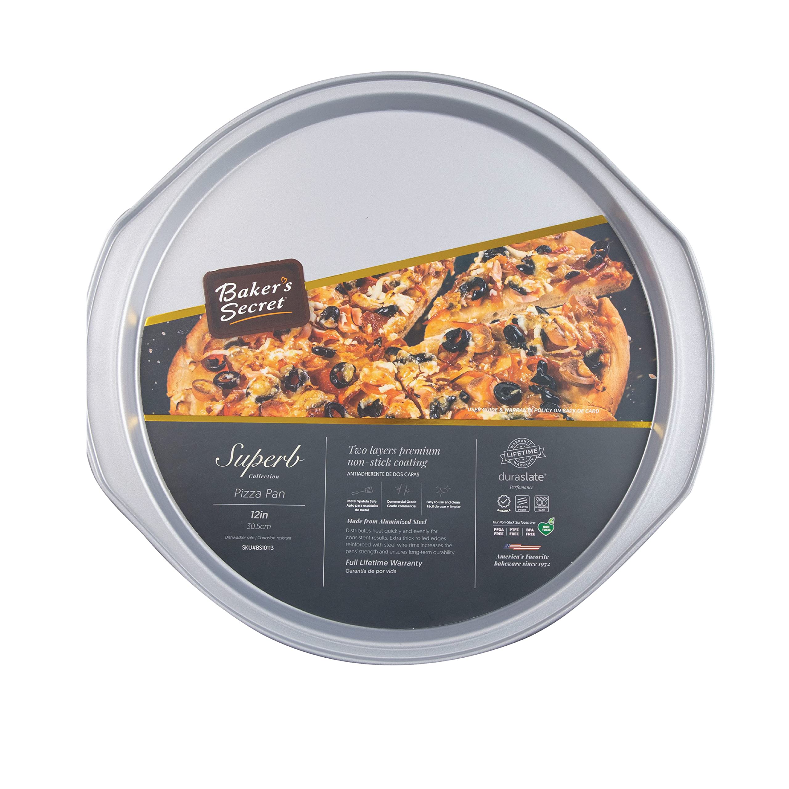 Baker's Secret Nonstick Pizza Pan for Oven 14", Baking Area 12", Aluminized Steel Pizza Baking Pan, 2 Layers Non-stick Coating Easy Release, Dishwasher Safe - The Superb Collection