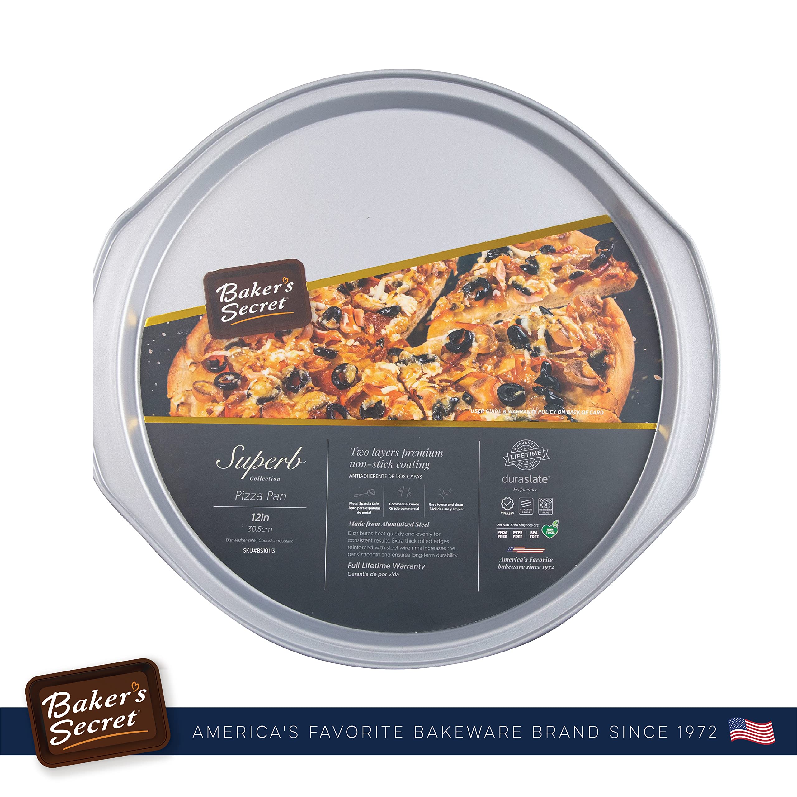 Baker's Secret Nonstick Pizza Pan for Oven 14", Baking Area 12", Aluminized Steel Pizza Baking Pan, 2 Layers Non-stick Coating Easy Release, Dishwasher Safe - The Superb Collection