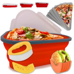 pizza storage container collapsible | burguer holder | with 5 serving trays | improved | pizza slice container | silicone collapsible reusable microwavable & dishwasher safe | leftover slice container