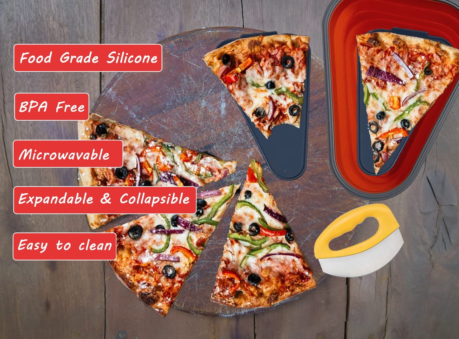 Pizza Storage Container Collapsible | Burguer Holder | With 5 Serving Trays | Improved | Pizza Slice Container | Silicone Collapsible Reusable Microwavable & Dishwasher Safe | Leftover Slice Container