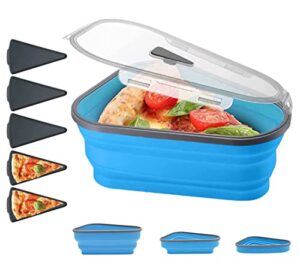 reusable pizza storage container collapsible expandable with 5 microwavable serving trays, adjustable pizza slice container to organize and save space, microwave dishwasher safe (blue color)