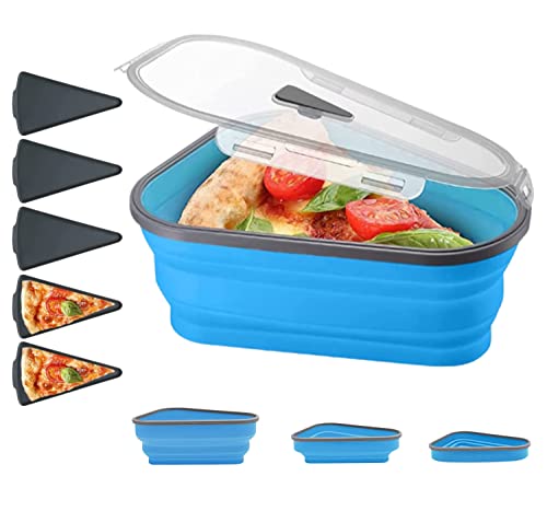 Reusable Pizza Storage Container Collapsible Expandable with 5 Microwavable Serving Trays, Adjustable Pizza Slice Container to Organize and Save Space, Microwave Dishwasher Safe (Blue Color)