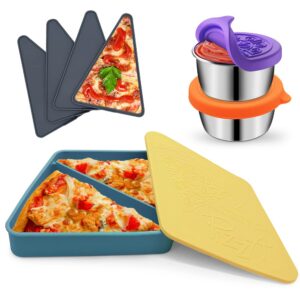 winceed pizza storage container with 4 microwavable serving trays, reusable pizza slice container, silicone pizza leftover storage box microwave & dishwasher safe (yellow, blue)