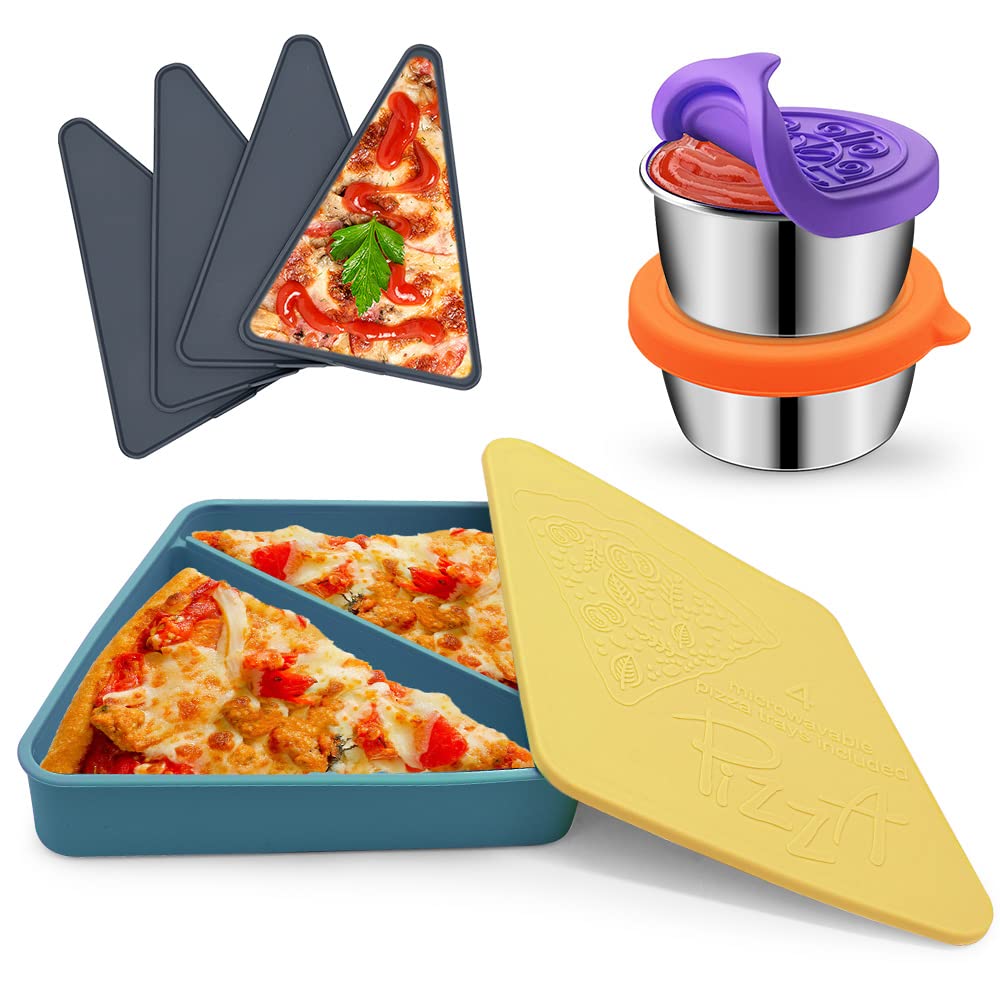 Winceed Pizza Storage Container with 4 Microwavable Serving Trays, Reusable Pizza Slice Container, Silicone Pizza Leftover Storage Box Microwave & Dishwasher Safe (Yellow, Blue)