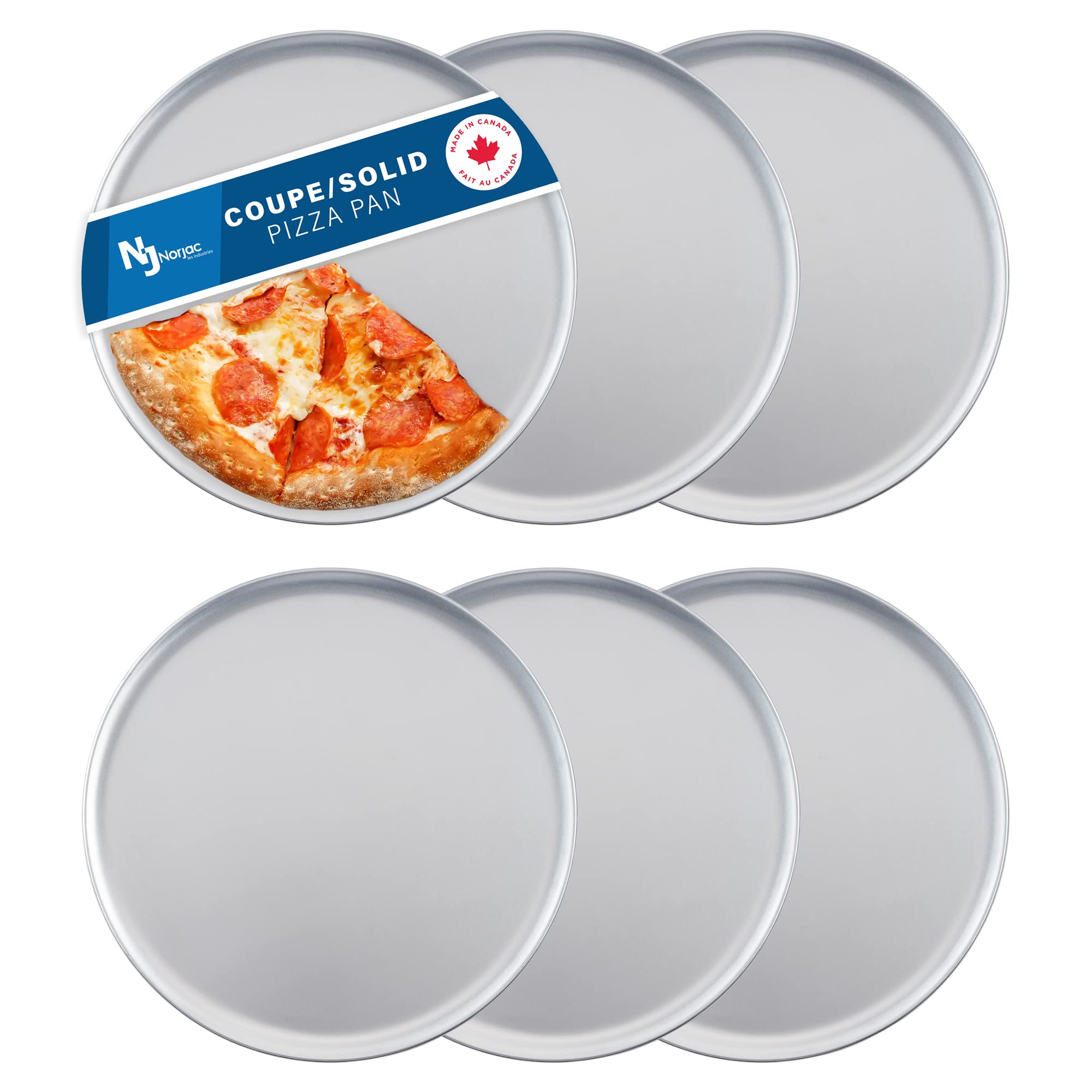 Norjac Pizza Pan 16 inch, 6 PACK Baking Tray Coupe Solid Style, Pure Food-Grade Aluminum, Made in Canada, Rust Free