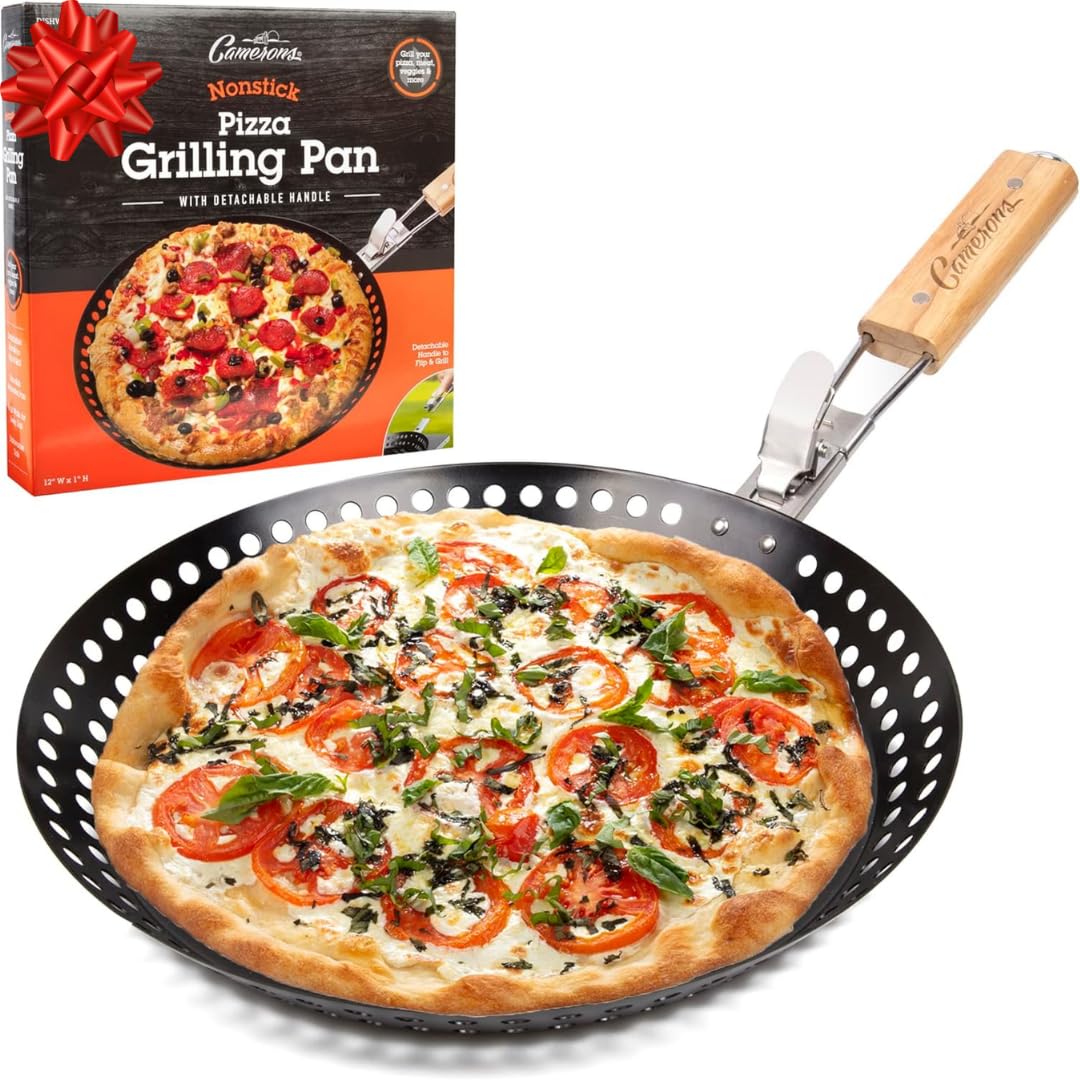 Pizza Grilling Pan (12") - Non-Stick Pan w Removable Handle to Easily Close Grill & Transport Hot Dish - High Walls for Deep Dish Pizza - Use in to BBQ Indoor & Outdoor - Holiday Christmas Gift Idea