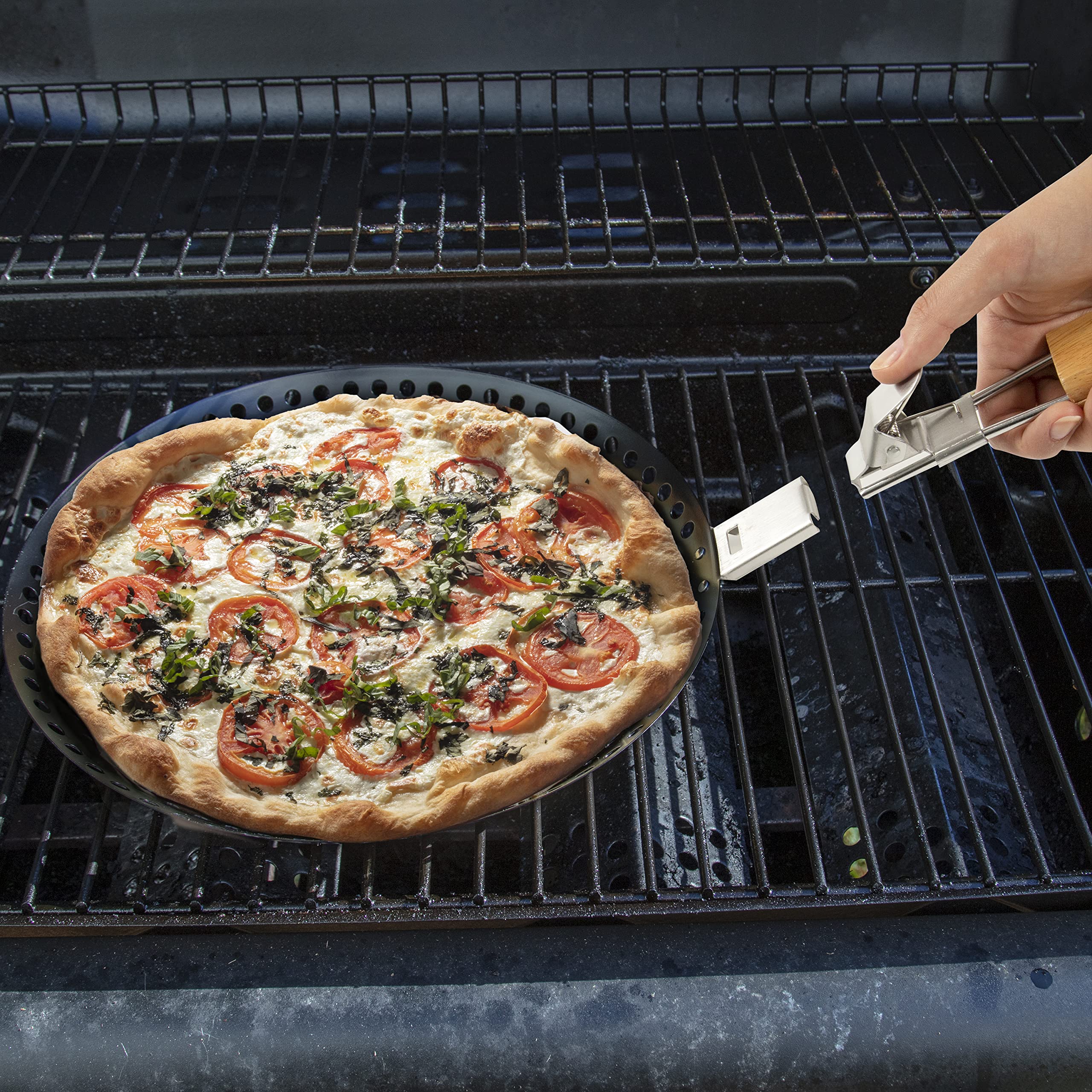 Pizza Grilling Pan (12") - Non-Stick Pan w Removable Handle to Easily Close Grill & Transport Hot Dish - High Walls for Deep Dish Pizza - Use in to BBQ Indoor & Outdoor - Holiday Christmas Gift Idea