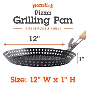 Pizza Grilling Pan (12") - Non-Stick Pan w Removable Handle to Easily Close Grill & Transport Hot Dish - High Walls for Deep Dish Pizza - Use in to BBQ Indoor & Outdoor - Holiday Christmas Gift Idea