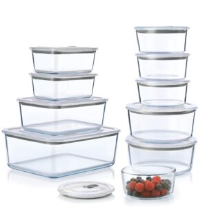 finedine 20-piece glass food storage container set - 100% leakproof, bpa-free, and oven safe - perfect for meal prep and on-the-go (grey)
