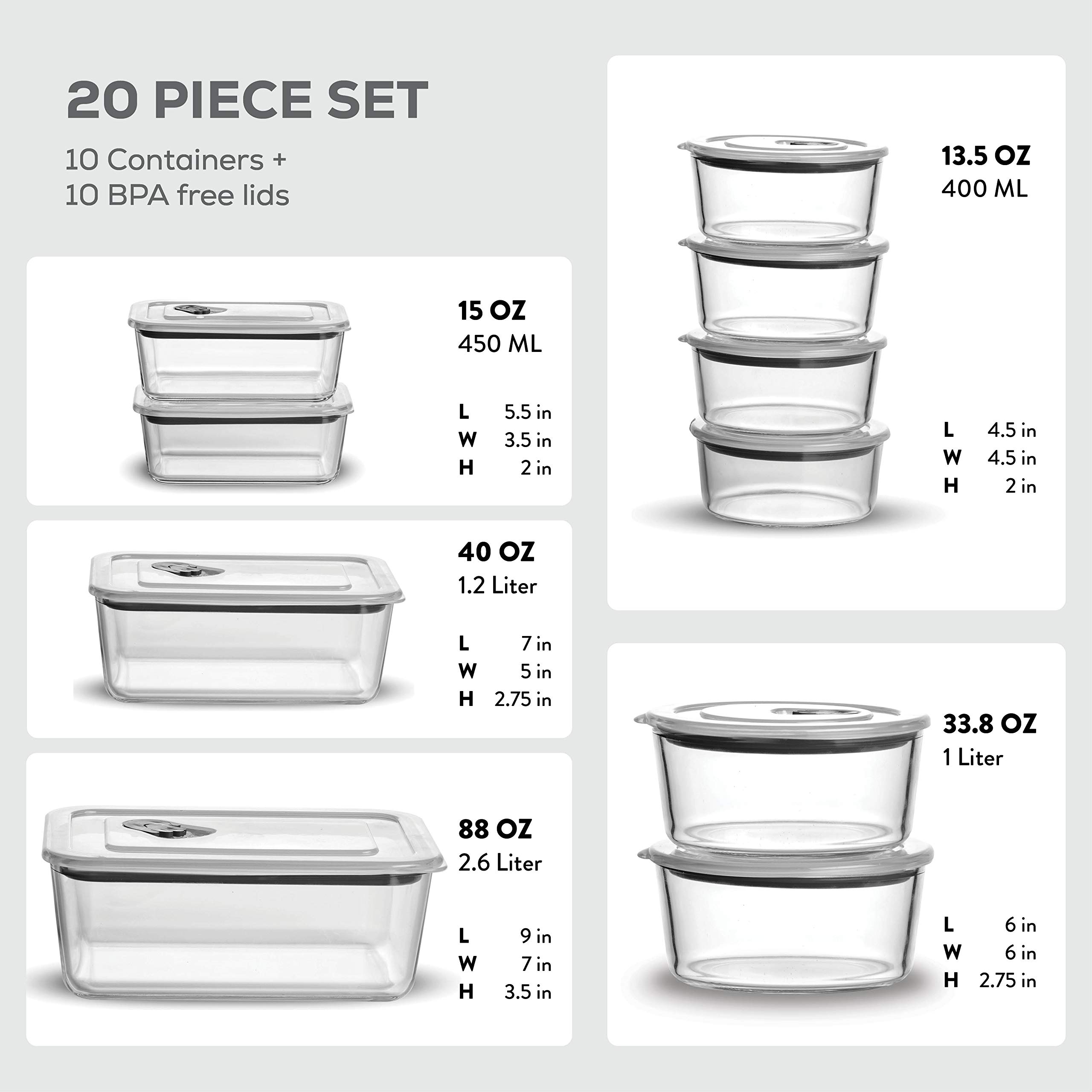 FineDine 20-Piece Glass Food Storage Container Set - 100% Leakproof, BPA-Free, and Oven Safe - Perfect for Meal Prep and On-the-Go (Grey)