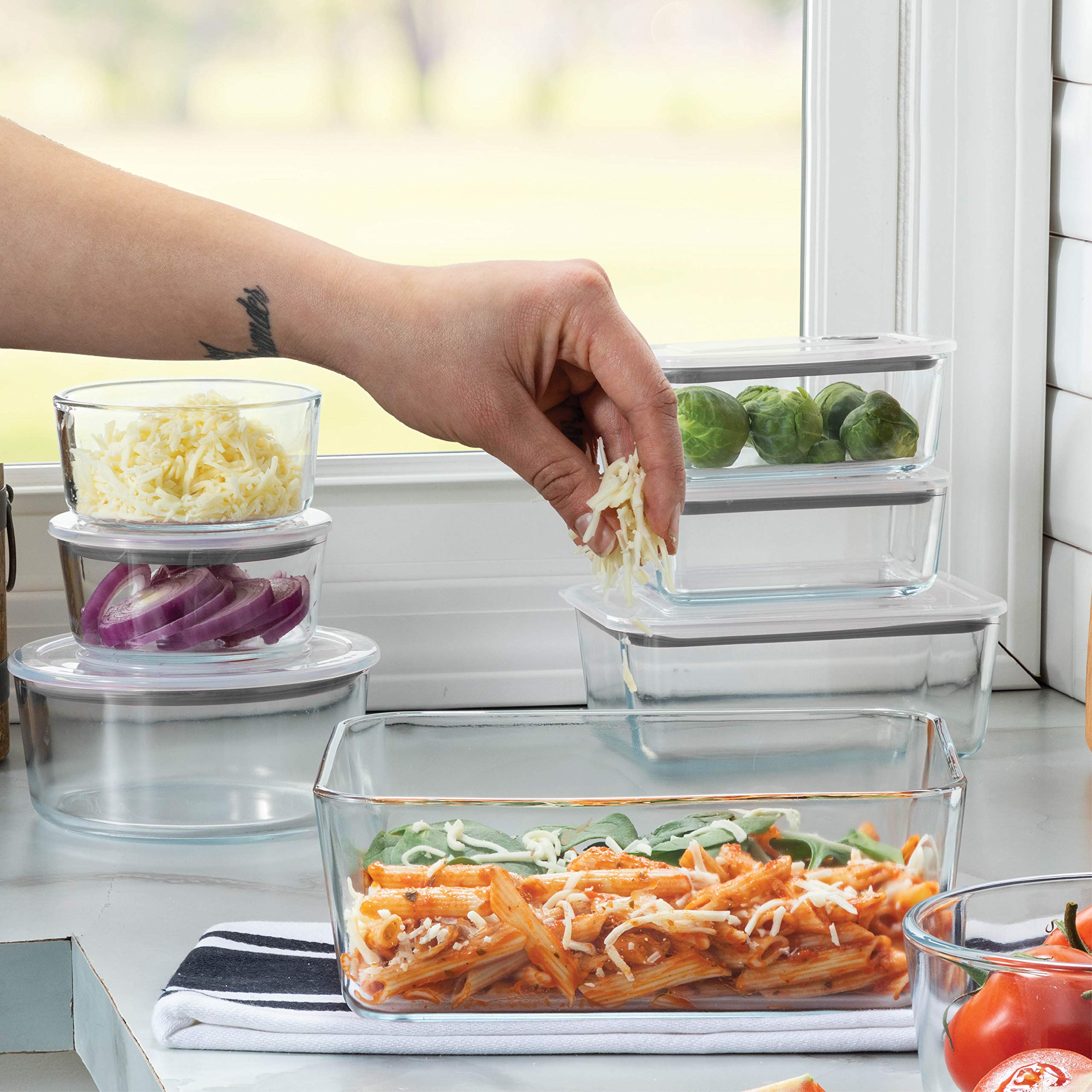 FineDine 20-Piece Glass Food Storage Container Set - 100% Leakproof, BPA-Free, and Oven Safe - Perfect for Meal Prep and On-the-Go (Grey)