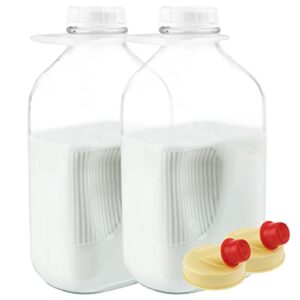 kitchentoolz 64 oz glass milk bottle jugs with caps, half gallon glass milk container for refrigerator with tamper proof lids and pour spouts- pack of 2