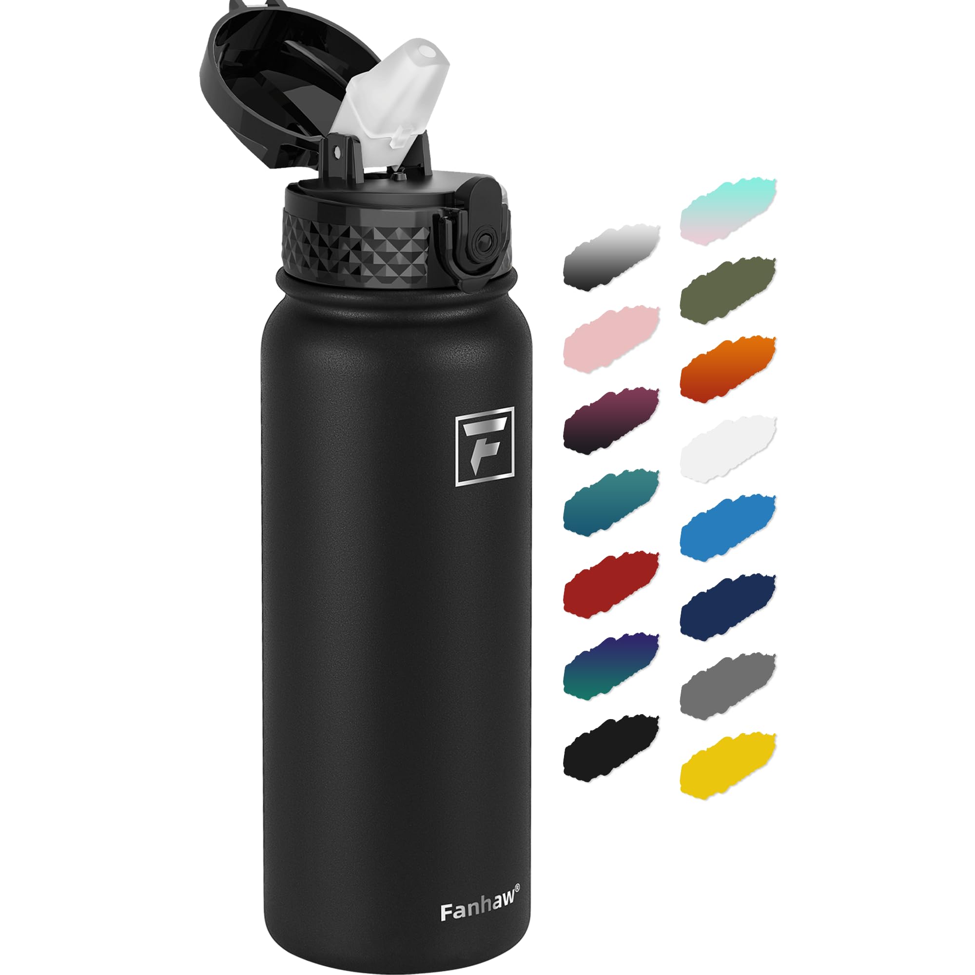 Fanhaw 20 Oz Insulated Stainless Steel Water Bottle with Straw Lid - Leak & Sweat Proof with Anti-Dust Lid (Black)