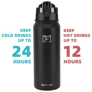 Fanhaw 20 Oz Insulated Stainless Steel Water Bottle with Straw Lid - Leak & Sweat Proof with Anti-Dust Lid (Black)