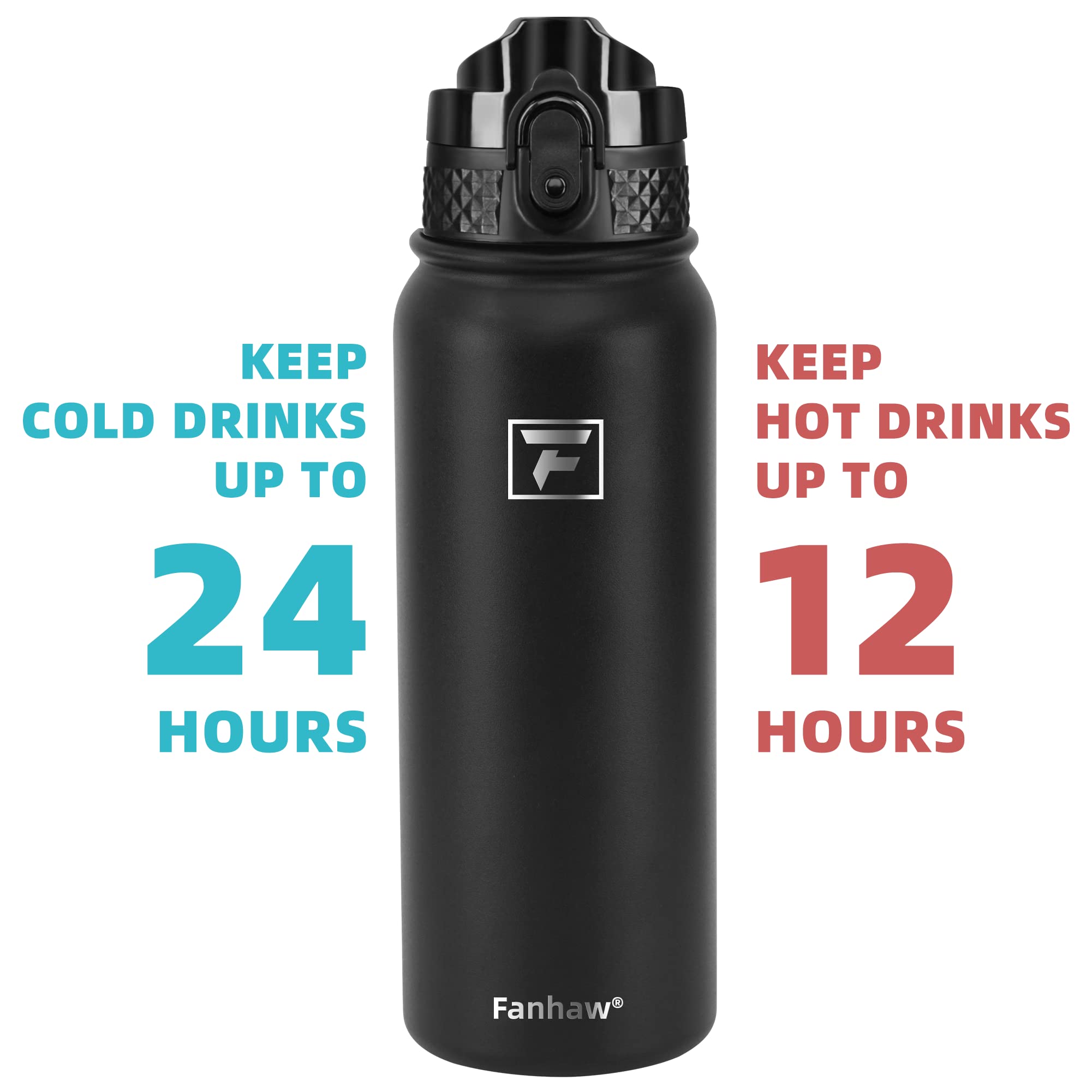 Fanhaw 20 Oz Insulated Stainless Steel Water Bottle with Straw Lid - Leak & Sweat Proof with Anti-Dust Lid (Black)