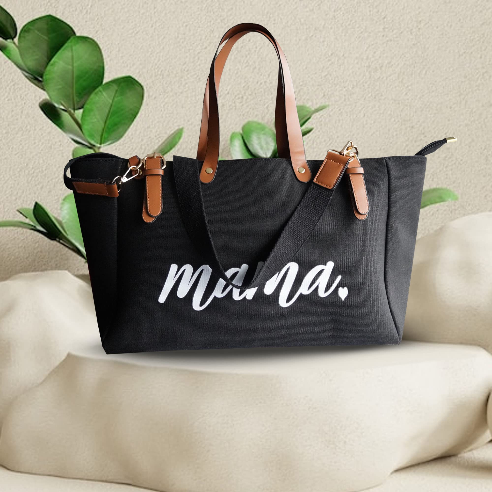 Mom Mama bag, Tote Bag for Women, Mama Gifts, Multifunctional Tote Bags for Women, Cotton Canvas Tote Zipper, Bags for Women (tote, black, Large)