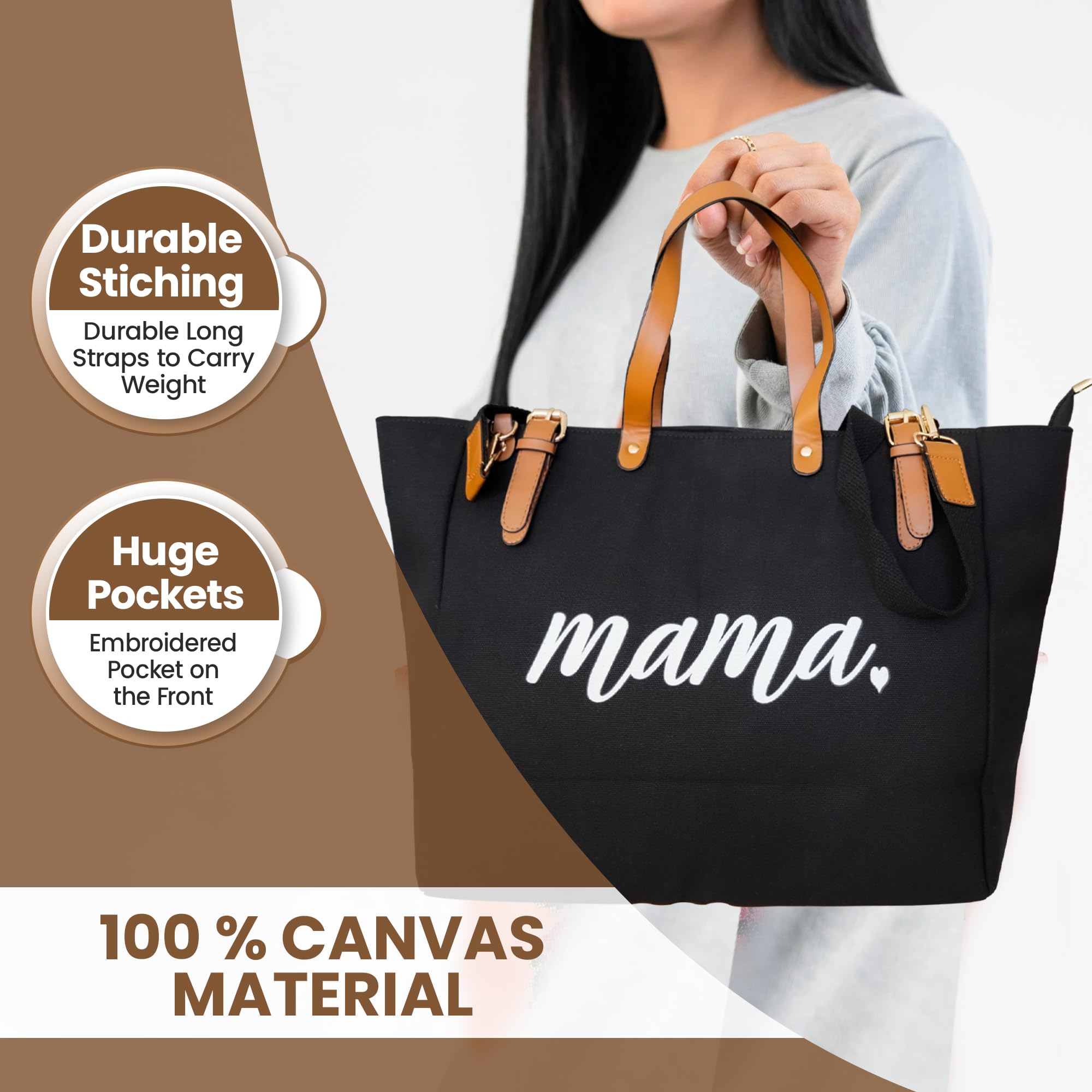 Mom Mama bag, Tote Bag for Women, Mama Gifts, Multifunctional Tote Bags for Women, Cotton Canvas Tote Zipper, Bags for Women (tote, black, Large)