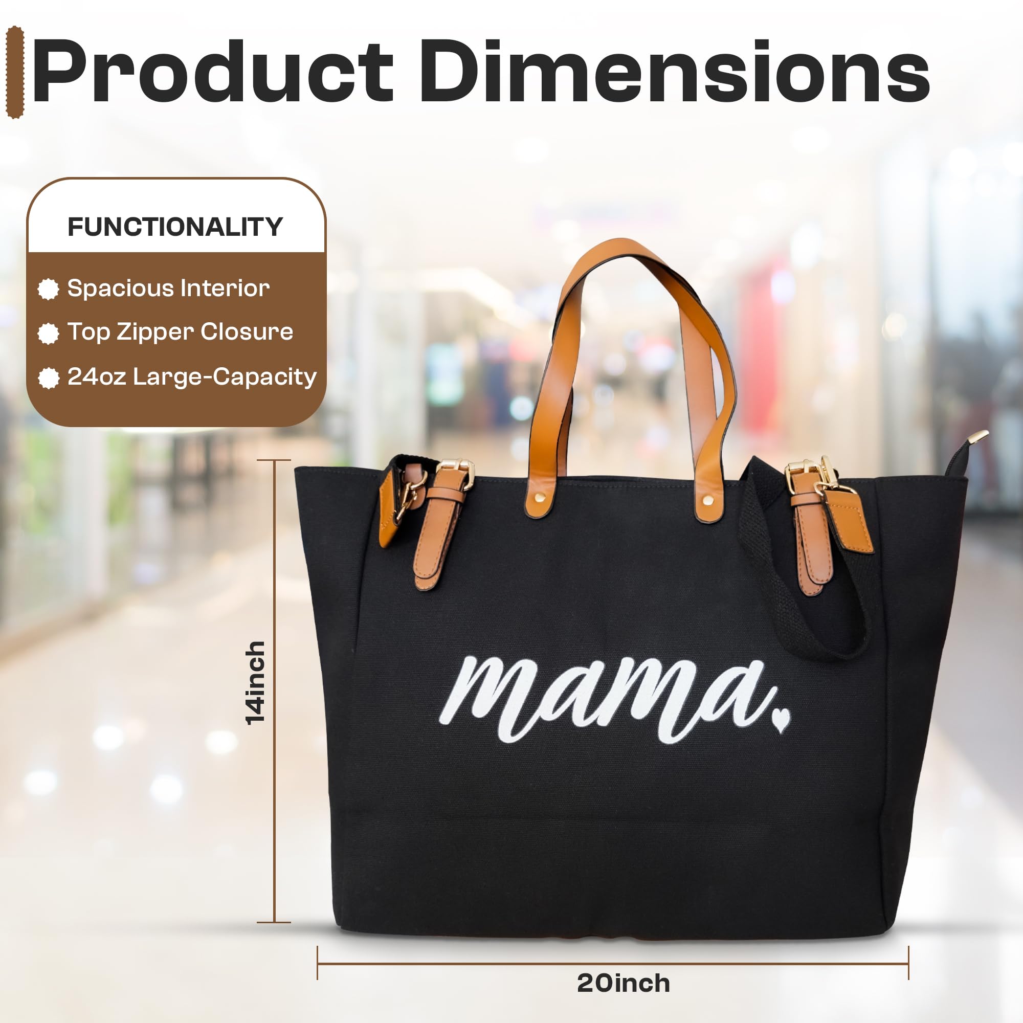 Mom Mama bag, Tote Bag for Women, Mama Gifts, Multifunctional Tote Bags for Women, Cotton Canvas Tote Zipper, Bags for Women (tote, black, Large)