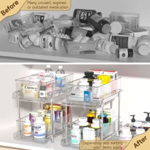 HIHEGD 2 Tier Bathroom Storage Organizer with Dividers, Clear Under Sink Organizers and Storage Pull Out Cabinet Organizer for Bathroom Kitchen Pantry Storage, Medicine Cabinet Organizer