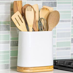 daily ritmo large kitchen utensil holder for countertop with bamboo wooden base | minimalistic cooking utensils | farmhouse white ceramic tool spatula crock | cylindrical oval shape