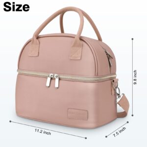 BALORAY Lunch Bag for Women Men, Double Deck Lunch Box for Adults, PU Leather Lunch Tote Bag Insulated Lunch Bags with Strap for Work Office Picnic (Pink)