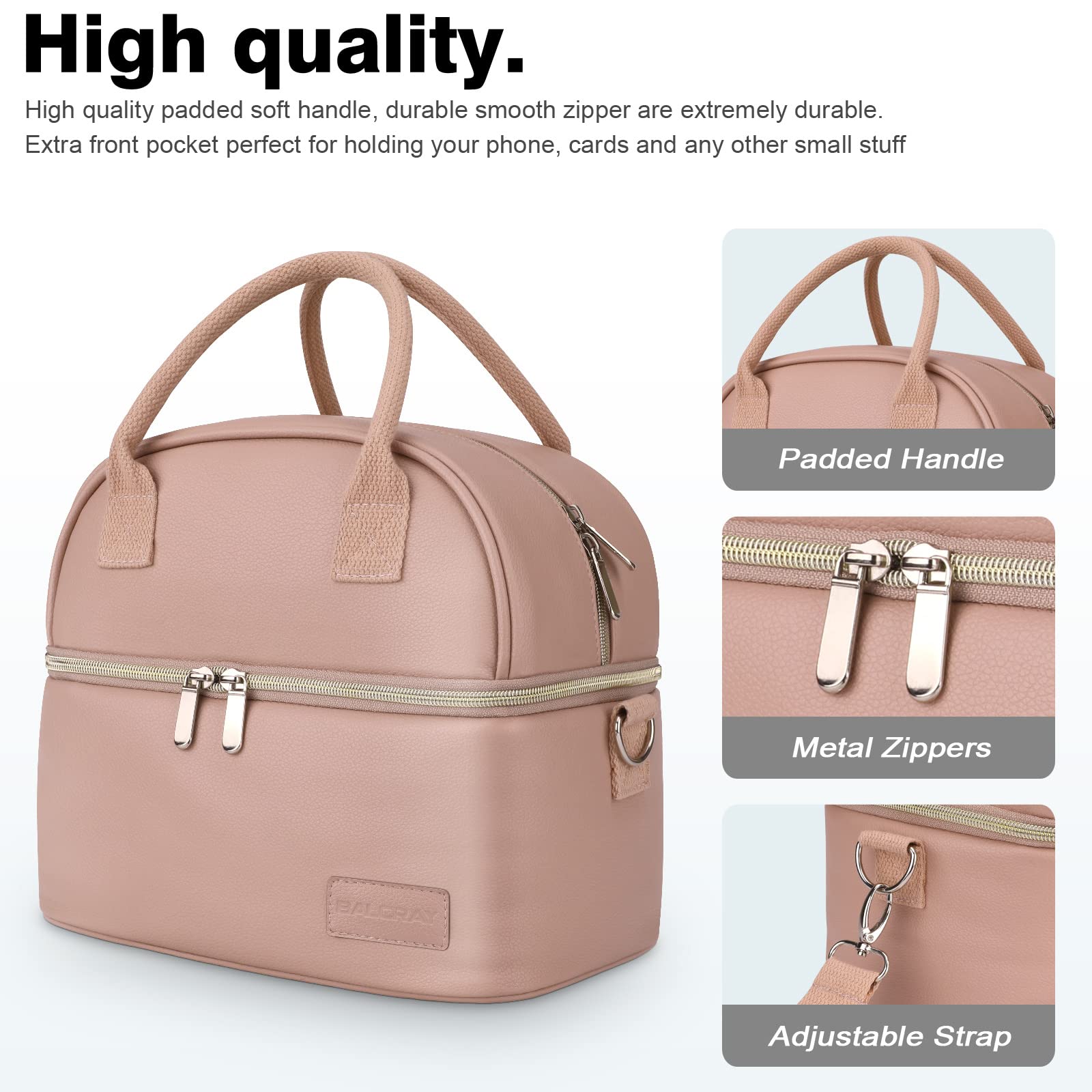 BALORAY Lunch Bag for Women Men, Double Deck Lunch Box for Adults, PU Leather Lunch Tote Bag Insulated Lunch Bags with Strap for Work Office Picnic (Pink)