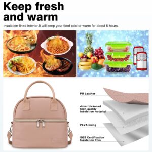 BALORAY Lunch Bag for Women Men, Double Deck Lunch Box for Adults, PU Leather Lunch Tote Bag Insulated Lunch Bags with Strap for Work Office Picnic (Pink)