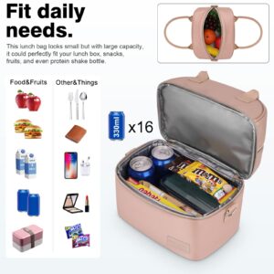 BALORAY Lunch Bag for Women Men, Double Deck Lunch Box for Adults, PU Leather Lunch Tote Bag Insulated Lunch Bags with Strap for Work Office Picnic (Pink)