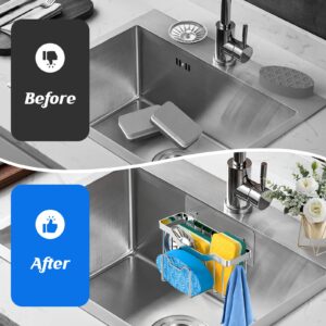 MURLONG Sink Caddy Sponge Holder for Kitchen Sink, Kitchen Sink Organizer 304 Stainless Steel for Dish Brush, Sponge, Soap Scrubber, Sink Stopper with Adhesive 2 Installation Ways-Silver