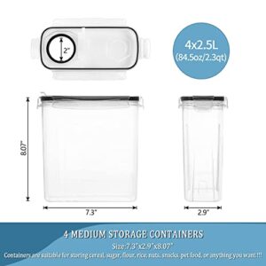 Cereal Containers Storage, Airtight Food Storage Container with Lid of 4 [2.5L/85.4oz] for Kitchen & Pantry Organization, BPA-Free Clear Plastic Canister Great for Snacks, Sugar, 20 Lables & Marker