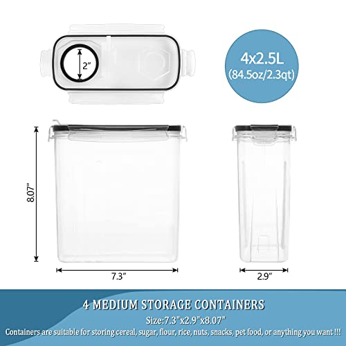 Cereal Containers Storage, Airtight Food Storage Container with Lid of 4 [2.5L/85.4oz] for Kitchen & Pantry Organization, BPA-Free Clear Plastic Canister Great for Snacks, Sugar, 20 Lables & Marker