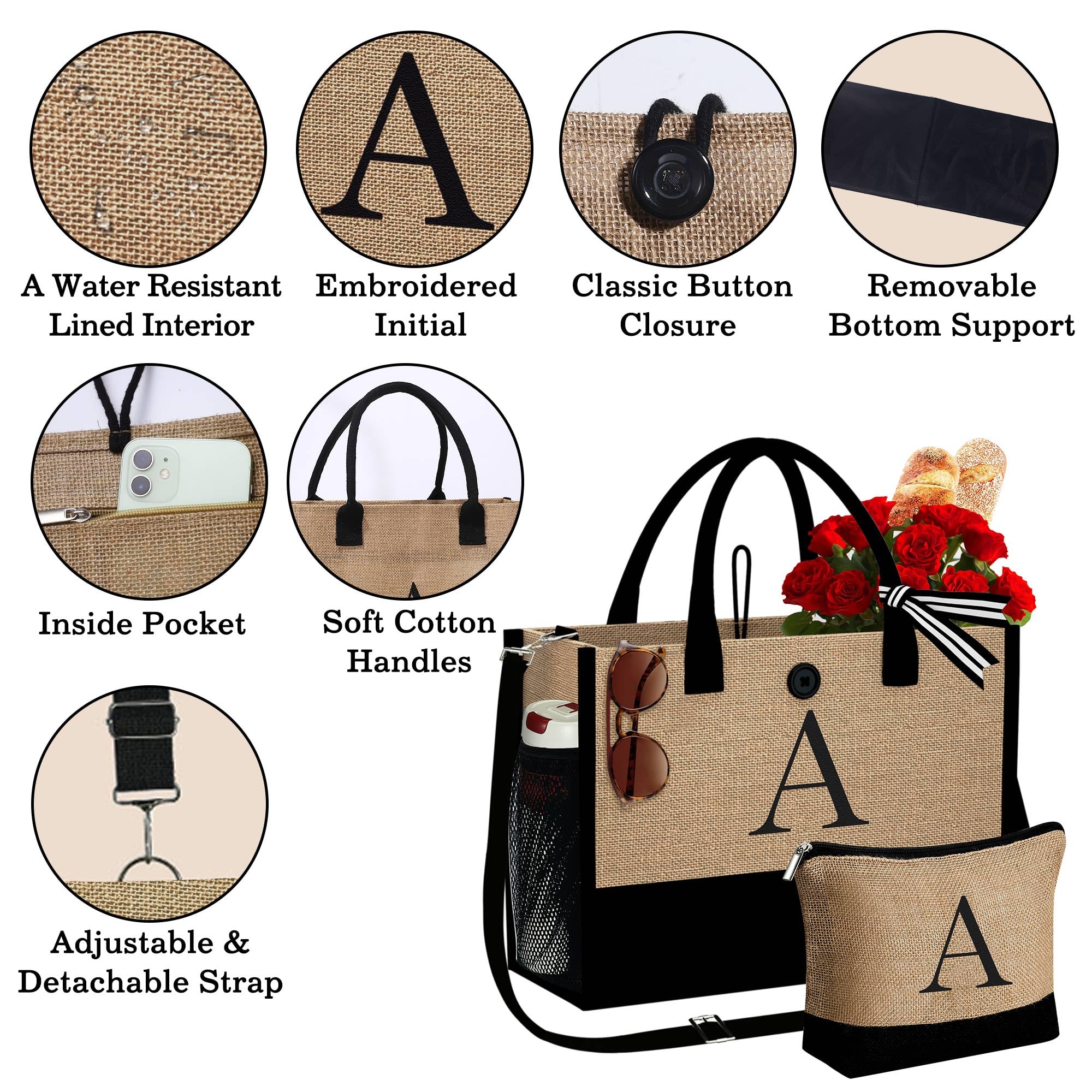 YOOLIFE Mothers Day Gifts for Her Women - Monogram Initial Beach Tote Bag Makeup Bag Birthday Gifts for Women Wife Teacher Retirement Thank You Gifts for Women Mothers Day Gifts for Mom Grandma S