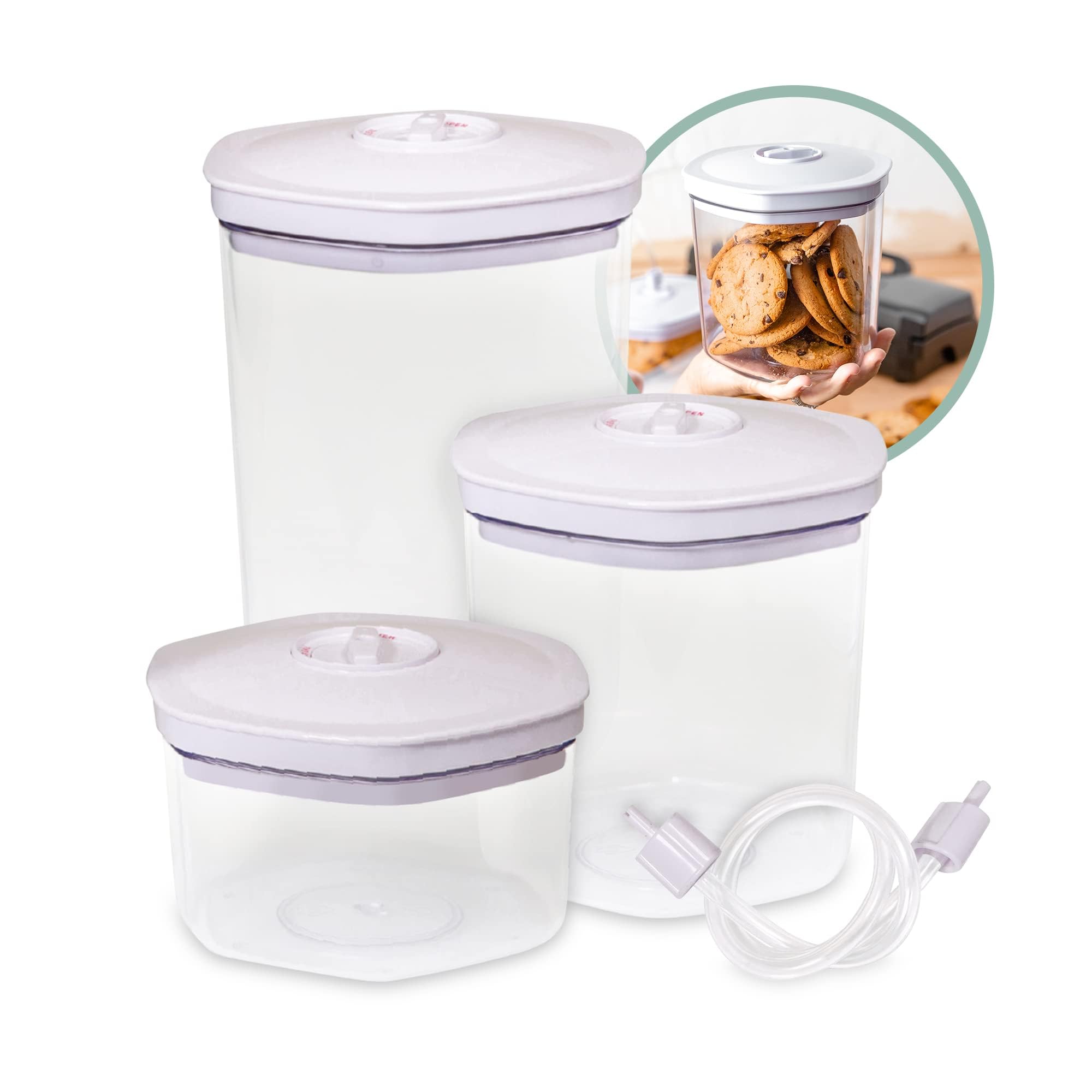 Avid Armor Vacuum Food Containers 3 Piece Set for Home Kitchen, Coffee Drinkers, Pasta Lovers Keep Your Food Fresh Cannister Sizes: 2L, 1.4L, and 0.7L Complete with Accessory Hose. BPA Free.